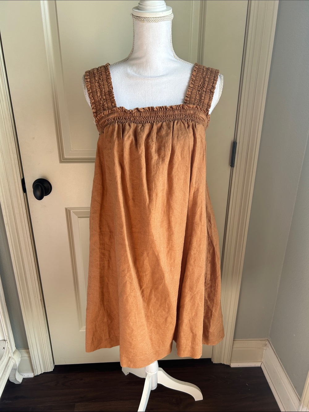 Everlane  100% Linen Smocked Strap Casual Dress in Tan